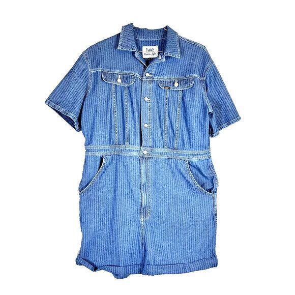 Lee Union Alls‎  Romper Womens Striped Denim Shortalls One Piece Short Sleeve XL - Picture 1 of 13